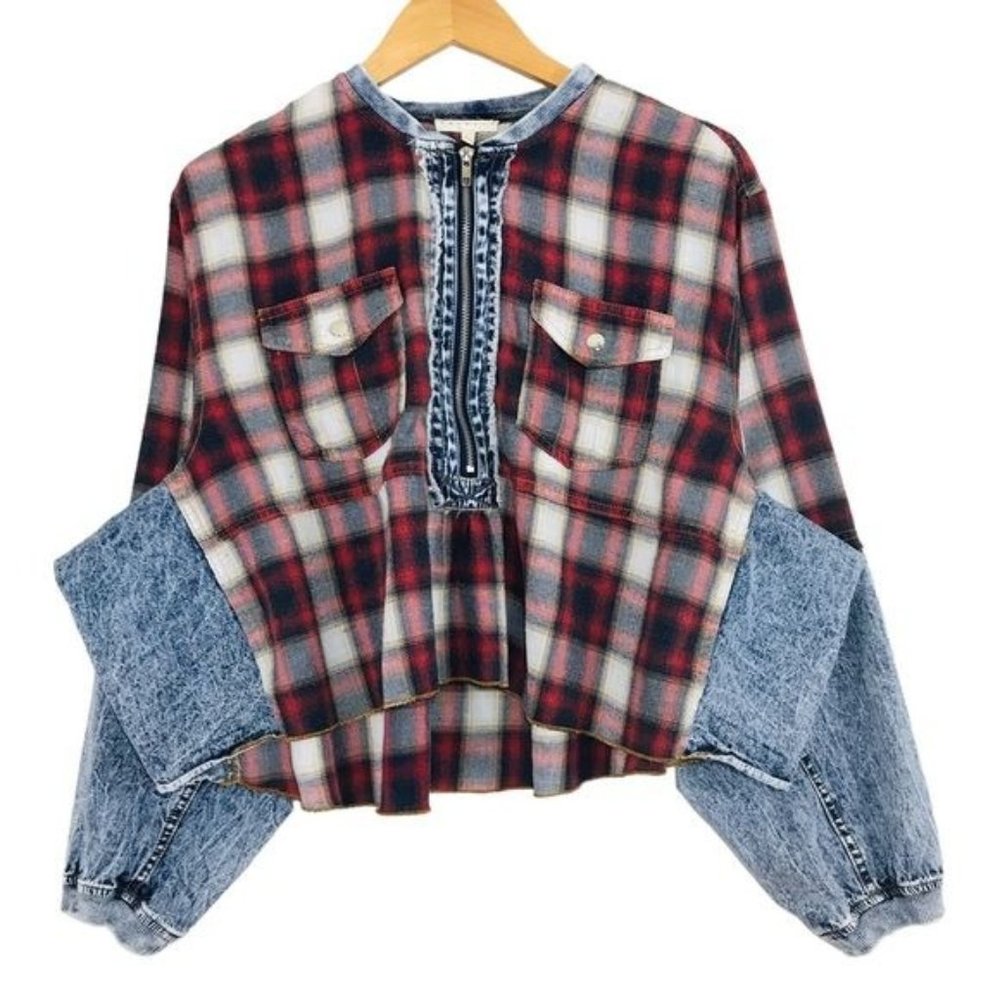PROMESA Cropped Denim & Plaid Pullover Jacket Large Patchwork Button Front